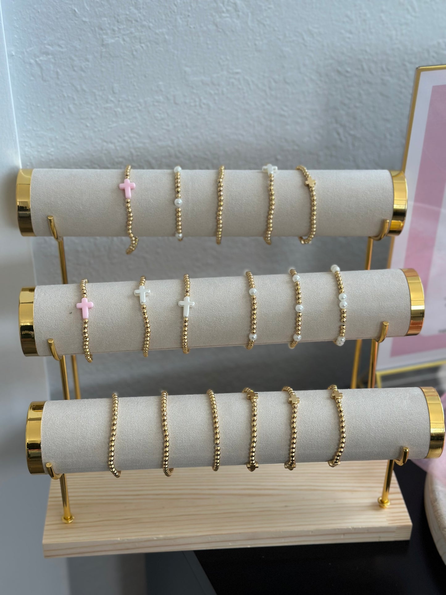White & Gold Pearl Cross Bracelet