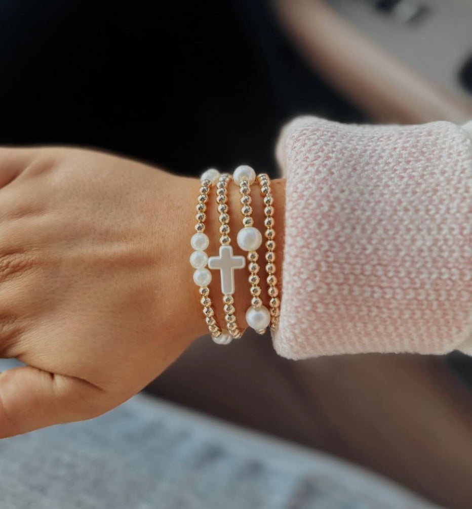 White & Gold Pearl Cross Bracelet