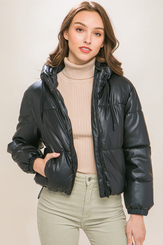 Faux Leather Puffer Coat